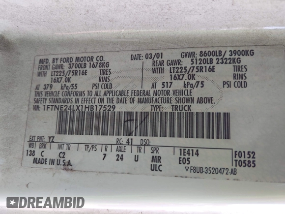 2001 Ford Econoline Cargo with VIN 1FTNE24LX1HB17529, listed as a IAAI auction lot 42002967 with 309,605 mi miles and . Bid and sale history available at DreamBid. Image 9.