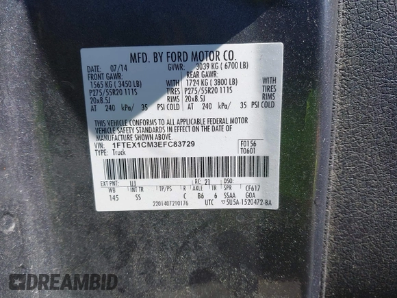 2014 Ford F-150 XL with VIN 1FTEX1CM3EFC83729, listed as a IAAI auction lot 41999134 with 209,558 mi miles and . Bid and sale history available at DreamBid. Image 9.