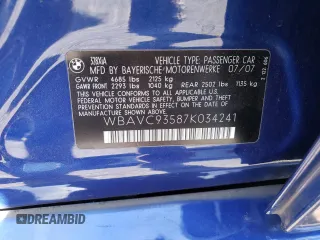 2007 BMW 3 Series 328xi with VIN WBAVC93587K034241, listed as a Copart auction lot 55889595 with 131,836 mi miles and Salvage title. Bid and sale history available at DreamBid. Image 12.