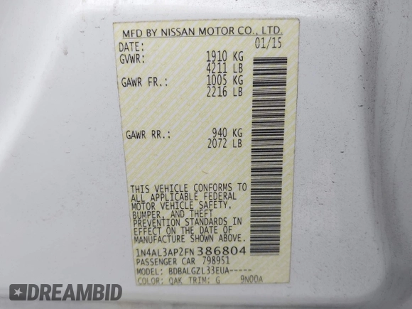 2015 Nissan Altima SL with VIN 1N4AL3AP2FN386804, listed as a IAAI auction lot 41665114 with 148,385 mi miles and . Bid and sale history available at DreamBid. Image 9.