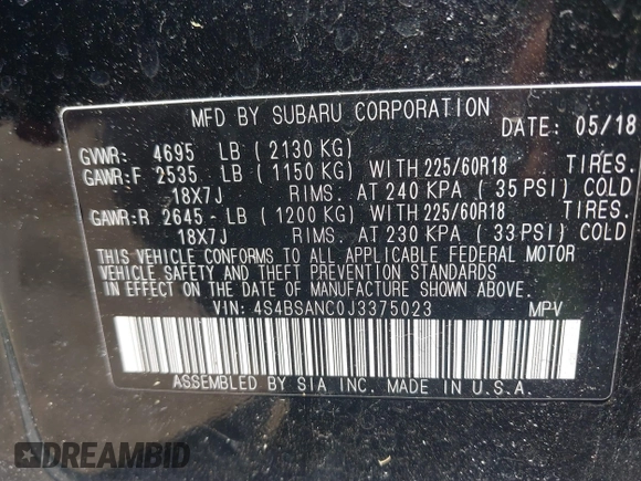 2018 Subaru Outback Limited with VIN 4S4BSANC0J3375023, listed as a IAAI auction lot 39658795 with 63,118 mi miles and . Bid and sale history available at DreamBid. Image 9.
