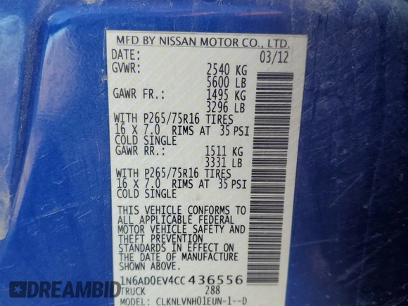 2012 Nissan Frontier Pro-4X z VIN 1N6AD0EV4CC436556, wystawiony jako Copart lot #83876764 z przebiegiem 111 224 mil mil oraz Szkoda całkowita • Salvage title. Historia ofert i sprzedaży dostępna na DreamBid. Obrazek 12.