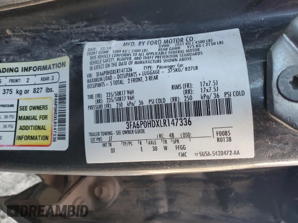 2020 Ford Fusion SE with VIN 3FA6P0HDXLR147336, listed as a Copart auction lot 79800464 with Not Provided miles and Salvage Title. Bid and sale history available at carsss.com. Image 12.
