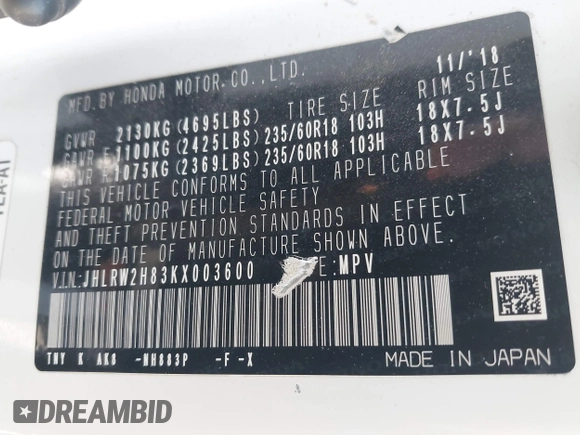 2019 Honda CR-V EX-L with VIN JHLRW2H83KX003600, listed as a IAAI auction lot 41882362 with 111,492 mi miles and . Bid and sale history available at carsss.com. Image 9.