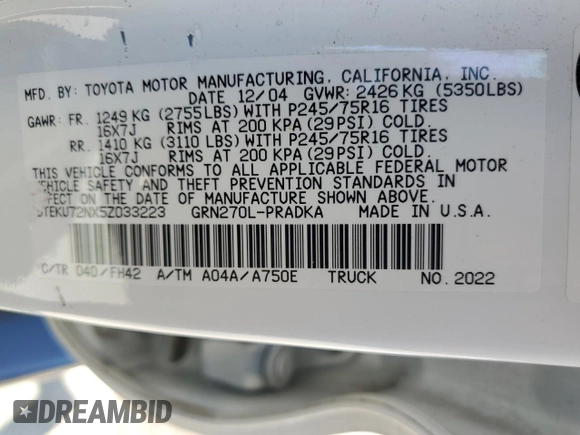 2005 Toyota Tacoma PreRunner with VIN 5TEKU72NX5Z033223, listed as a Copart auction lot 55495645 with 163,877 mi miles and Salvage title. Bid and sale history available at DreamBid. Image 13.