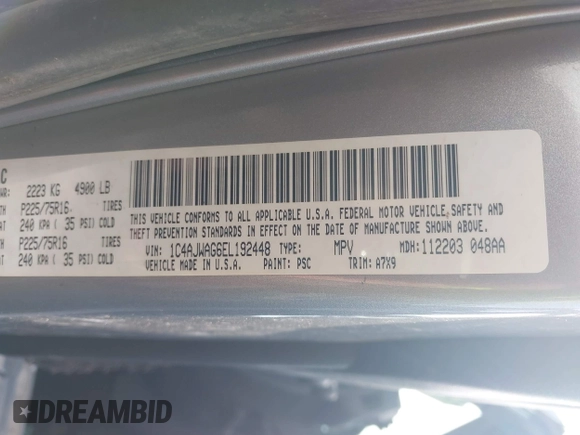 2014 Jeep Wrangler Sport with VIN 1C4AJWAG6EL192448, listed as a IAAI auction lot 42479738 with 44,848 mi miles and . Bid and sale history available at DreamBid. Image 9.