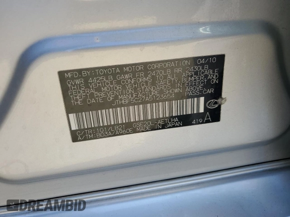 2010 Lexus IS 250 with VIN JTHBF5C27A5123654, listed as a Copart auction lot 62956235 with 100,314 mi miles and Salvage title. Bid and sale history available at DreamBid. Image 12.