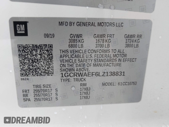 2020 Chevrolet Silverado 1500 Work Truck with VIN 1GCRWAEF6LZ138831, listed as a IAAI auction lot 40260659 with 40,444 mi miles and . Bid and sale history available at DreamBid. Image 9.