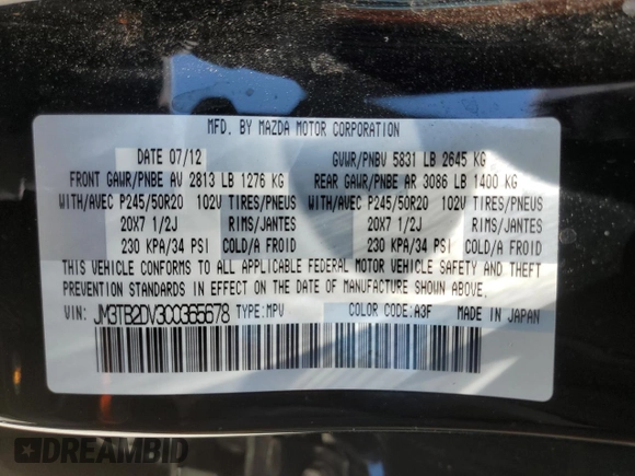 2012 Mazda CX-9 Grand Touring with VIN JM3TB2DV3C0365678, listed as a Copart auction lot 64258875 with 139,274 mi miles and Salvage title. Bid and sale history available at DreamBid. Image 14.