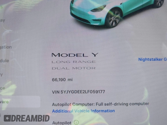 2020 Tesla Model Y Long Range with VIN 5YJYGDEE2LF059177, listed as a IAAI auction lot 41916260 with 66,190 mi miles and . Bid and sale history available at DreamBid. Image 15.