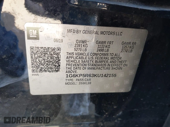 2019 Cadillac CT6 Sport AWD with VIN 1G6KP5R63KU142155, listed as a IAAI auction lot 41233947 with 72,501 mi miles and . Bid and sale history available at DreamBid. Image 9.