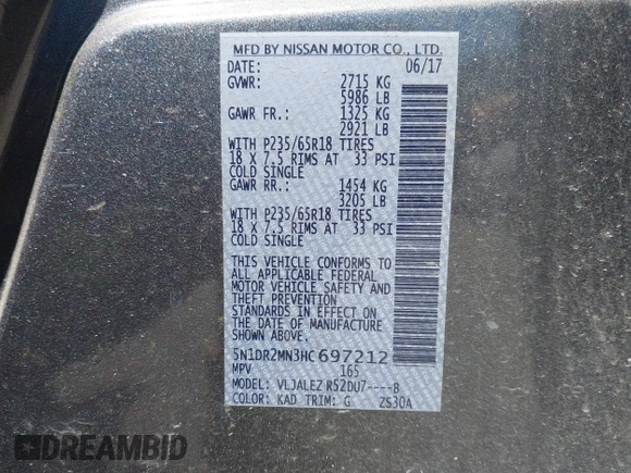 2017 Nissan Pathfinder S with VIN 5N1DR2MN3HC697212, listed as a IAAI auction lot 42049193 with 144,960 mi miles and . Bid and sale history available at DreamBid. Image 9.