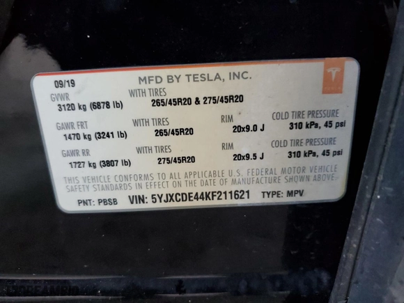 2019 Tesla Model X P100D with VIN 5YJXCDE44KF211621, listed as a Copart auction lot 87861185 with NaN miles and Salvage Title. Bid and sale history available at carsss.com. Image 16.