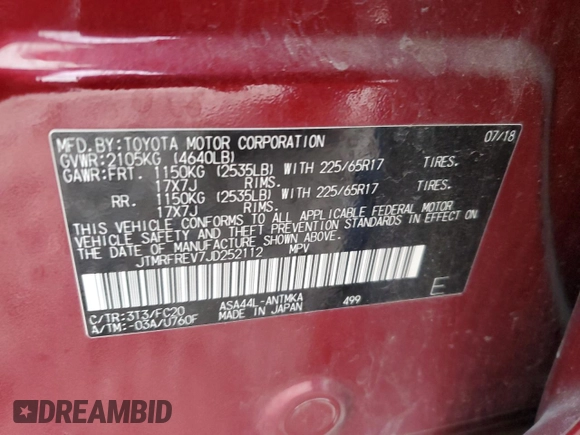2018 Toyota RAV4 XLE with VIN JTMRFREV7JD252112, listed as a Copart auction lot 43088555 with 77,509 mi miles and Salvage Title. Bid and sale history available at carsss.com. Image 14.