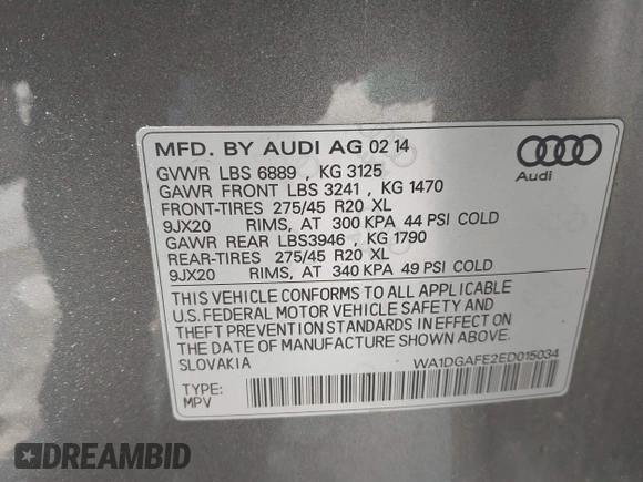 2014 Audi Q7 S line Prestige with VIN WA1DGAFE2ED015034, listed as a IAAI auction lot 42443990 with 51,612 mi miles and . Bid and sale history available at DreamBid. Image 9.