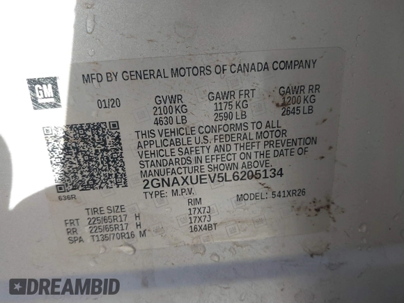 2020 Chevrolet Equinox LT with VIN 2GNAXUEV5L6205134, listed as a IAAI auction lot 41749085 with 82,549 mi miles and . Bid and sale history available at DreamBid. Image 9.