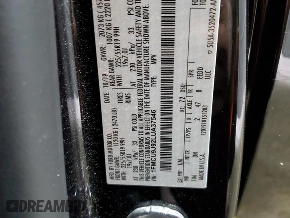 2020 Ford Escape Titanium с VIN 1FMCU9J92LUA37546, выставлен на аукционе Copart как лот 55102925 с пробегом 83 059 миль миль и Списание • Salvage title. История ставок и продаж доступна на DreamBid. Изображение 13.