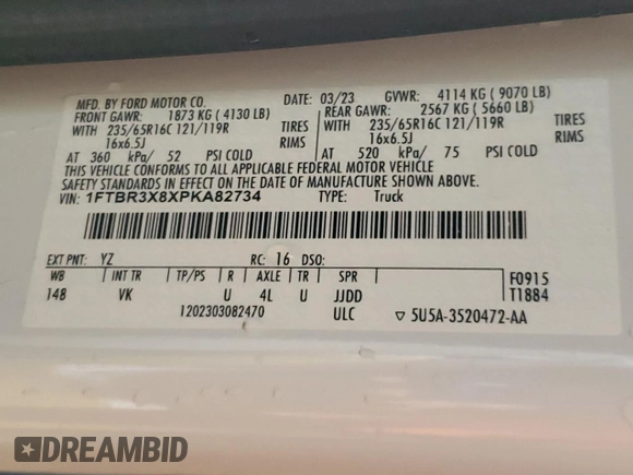 2023 Ford Transit Cargo z VIN 1FTBR3X8XPKA82734, wystawiony jako Copart lot #57962415 z przebiegiem 53 505 mil mil oraz Tytuł czysty. Historia ofert i sprzedaży dostępna na DreamBid. Obrazek 14.