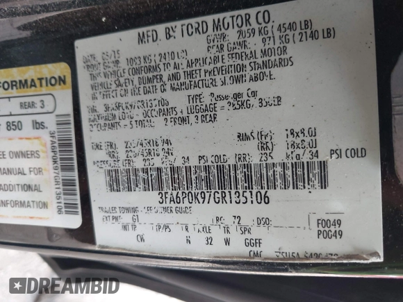 2016 Ford Fusion Titanium with VIN 3FA6P0K97GR135106, listed as a IAAI auction lot 42269165 with 155,036 mi miles and . Bid and sale history available at DreamBid. Image 9.