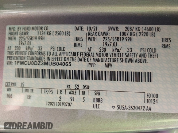 2021 Ford Escape Titanium Hybrid z VIN 1FMCU0DZ3MUB04065, wystawiony jako IAAI lot #41764797 z przebiegiem 28 881 mil mil oraz . Historia ofert i sprzedaży dostępna na DreamBid. Obrazek 9.