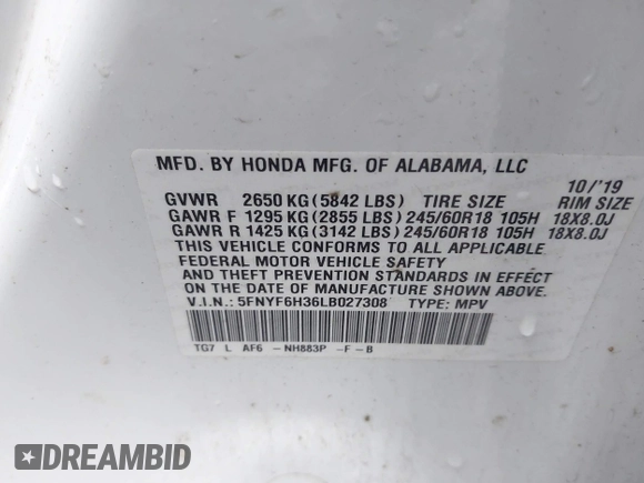 2020 Honda Pilot EX z VIN 5FNYF6H36LB027308, wystawiony jako IAAI lot #42216410 z przebiegiem 97 303 mil mil oraz . Historia ofert i sprzedaży dostępna na DreamBid. Obrazek 9.
