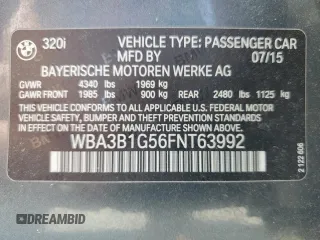 2015 BMW 3 Series 320i z VIN WBA3B1G56FNT63992, wystawiony jako Copart lot #60656215 z przebiegiem Nie podano mil oraz Czysty tytuł • Clean title. Historia ofert i sprzedaży dostępna na DreamBid. Obrazek 12.