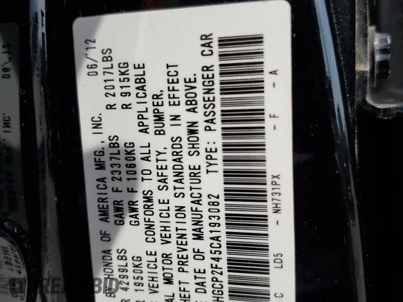 2012 Honda Accord LX Premium z VIN 1HGCP2F45CA193082, wystawiony jako Copart lot #56778455 z przebiegiem 299 568 mil mil oraz Szkoda całkowita • Salvage title. Historia ofert i sprzedaży dostępna na DreamBid. Obrazek 12.