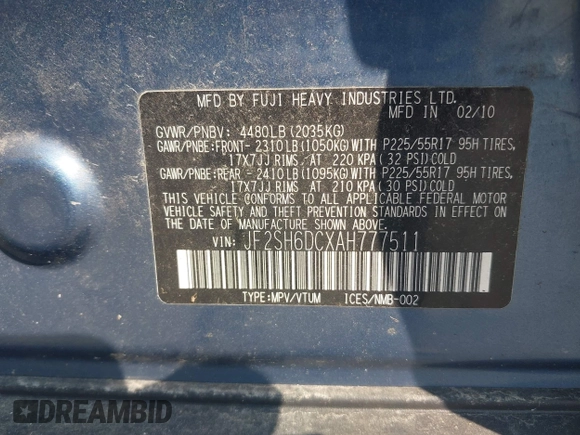 2010 Subaru Forester X Limited with VIN JF2SH6DCXAH777511, listed as a IAAI auction lot 42426355 with 50,146 mi miles and . Bid and sale history available at DreamBid. Image 9.