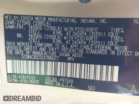 2012 Toyota Sienna LE AAS with VIN 5TDKK3DC5CS186077, listed as a IAAI auction lot 40265988 with 130,888 mi miles and . Bid and sale history available at DreamBid. Image 9.
