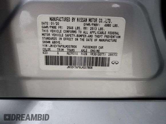 2020 Infiniti Q50 Luxe with VIN JN1EV7AP9LM207806, listed as a Copart auction lot 46036605 with 45,301 mi miles and Salvage Title. Bid and sale history available at DreamBid. Image 14.