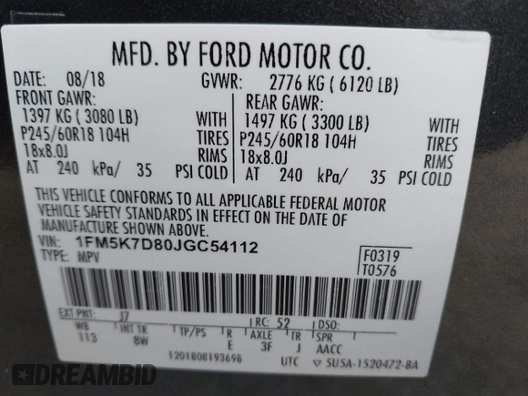 2018 Ford Explorer XLT z VIN 1FM5K7D80JGC54112, wystawiony jako IAAI lot #41947904 z przebiegiem 126 800 mil mil oraz . Historia ofert i sprzedaży dostępna na DreamBid. Obrazek 9.