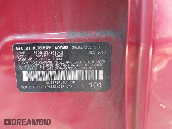 2020 Mitsubishi Mirage ES z VIN ML32F3FJ7LHF04887, wystawiony jako IAAI lot #41708735 z przebiegiem 72 512 mil mil oraz . Historia ofert i sprzedaży dostępna na DreamBid. Obrazek 9.