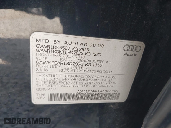 2010 Audi Q5 Premium Plus с VIN WA1LKAFP1AA004162, выставлен на аукционе IAAI как лот 42092295 с пробегом 229 917 миль миль и . История ставок и продаж доступна на DreamBid. Изображение 9.