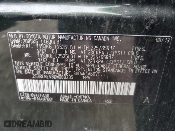 2013 Toyota RAV4 XLE с VIN 2T3RFREV8DW089235, выставлен на аукционе Copart как лот 59678935 с пробегом 234 229 миль миль и Чистый • Clean title. История ставок и продаж доступна на DreamBid. Изображение 13.