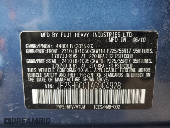 2010 Subaru Forester X Premium with VIN JF2SH6CC1AG904928, listed as a Copart auction lot 62345695 with 225,440 mi miles and Salvage title. Bid and sale history available at DreamBid. Image 13.