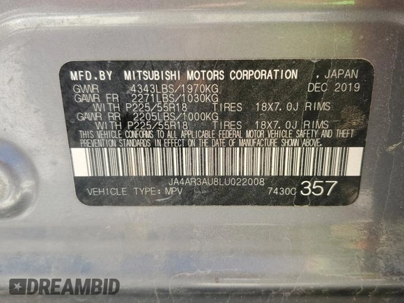 2020 Mitsubishi Outlander ES with VIN JA4AR3AU8LU022008, listed as a Copart auction lot 59405605 with 125,061 mi miles and Salvage title. Bid and sale history available at DreamBid. Image 13.
