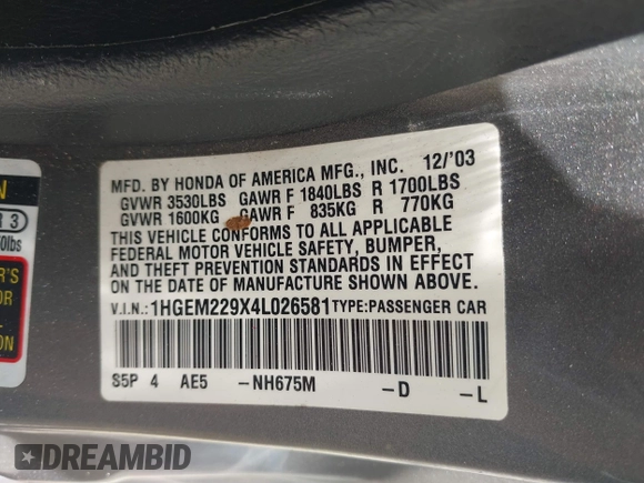 2004 Honda Civic EX with VIN 1HGEM229X4L026581, listed as a IAAI auction lot 42235728 with 103,161 mi miles and . Bid and sale history available at DreamBid. Image 9.