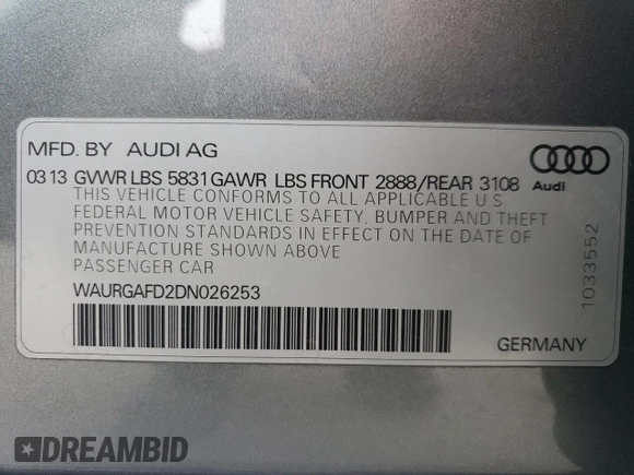 2013 Audi A8 3.0L with VIN WAURGAFD2DN026253, listed as a Copart auction lot 55476795 with 133,083 mi miles and Salvage title. Bid and sale history available at DreamBid. Image 13.