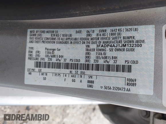 2018 Ford Fiesta S with VIN 3FADP4AJ1JM132300, listed as a IAAI auction lot 42677197 with 37,179 mi miles and . Bid and sale history available at DreamBid. Image 9.