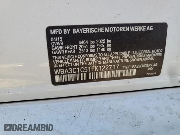 2015 BMW 3 Series 328i with VIN WBA3C1C51FK122717, listed as a Copart auction lot 46701455 with 57,826 mi miles and Salvage Title. Bid and sale history available at carsss.com. Image 14.