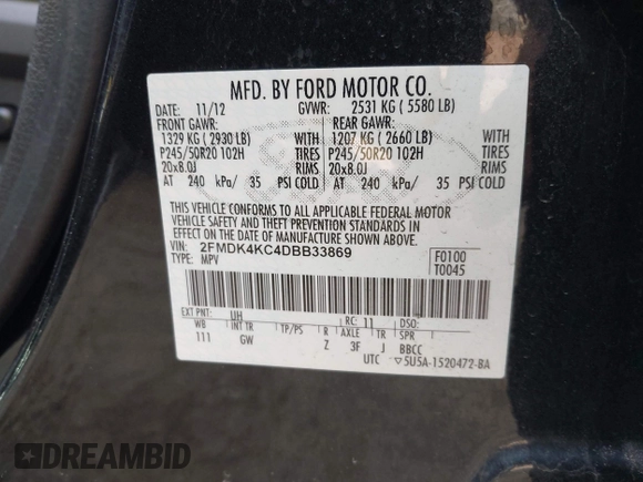 2013 Ford Edge Limited with VIN 2FMDK4KC4DBB33869, listed as a IAAI auction lot 41991854 with 65,629 mi miles. Bid and sale history available at carsss.com. Image 9.