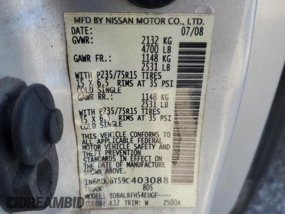 2009 Nissan Frontier SE with VIN 1N6BD06T59C403088, listed as a Copart auction lot 82567274 with 101,255 mi miles and Salvage title. Bid and sale history available at DreamBid. Image 13.