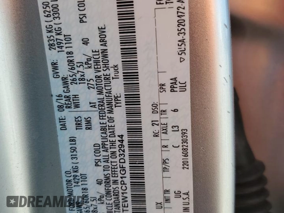 2016 Ford F-150 XL with VIN 1FTEW1CP1GFD32944, listed as a Copart auction lot 62093065 with 289,082 mi miles and Salvage title. Bid and sale history available at DreamBid. Image 12.