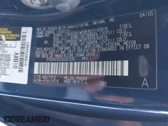 2005 Toyota Sienna CE with VIN 5TDZA23C25S321595, listed as a IAAI auction lot 41666085 with 199,810 mi miles. Bid and sale history available at carsss.com. Image 9.