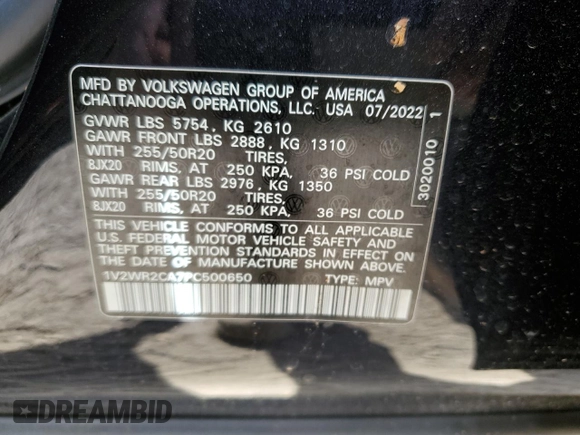 2023 Volkswagen Atlas SE with VIN 1V2WR2CA7PC500650, listed as a Copart auction lot 51973035 with 29,700 mi miles and Salvage title. Bid and sale history available at DreamBid. Image 13.