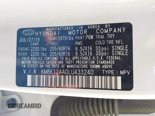 2020 Hyundai Kona SE with VIN KM8K12AA0LU433240, listed as a IAAI auction lot 41944156 with 31,375 mi miles. Bid and sale history available at carsss.com. Image 9.