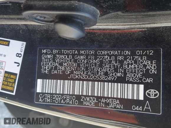 2012 Toyota Prius One with VIN JTDKN3DU2C5382497, listed as a Copart auction lot 55184755 with 241,102 mi miles and Clean Title. Bid and sale history available at carsss.com. Image 12.