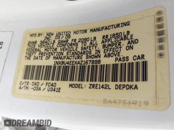 2010 Toyota Corolla with VIN 1NXBU4EEXAZ167898, listed as a IAAI auction lot 42050056 with 100,975 mi miles and . Bid and sale history available at DreamBid. Image 9.