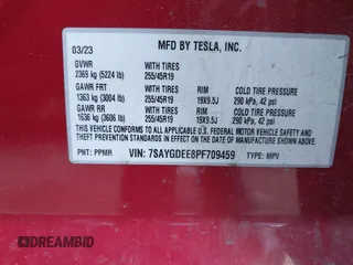2023 Tesla Model Y Long Range with VIN 7SAYGDEE8PF709459, listed as a IAAI auction lot 41334108 with 51,544 mi miles. Bid and sale history available at carsss.com. Image 9.