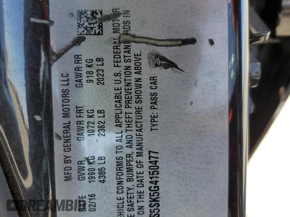 2016 Buick Verano Group with VIN 1G4PS5SK5G4150477, listed as a Copart auction lot 64654475 with 126,413 mi miles and Salvage title. Bid and sale history available at DreamBid. Image 12.
